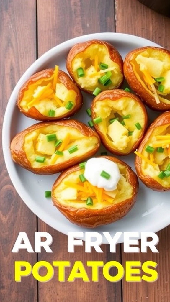 Crispy Air Fryer Baked Potatoes Recipe Crispy air fryer baked potatoes topped with sour cream, cheese, and chives on a rustic table.